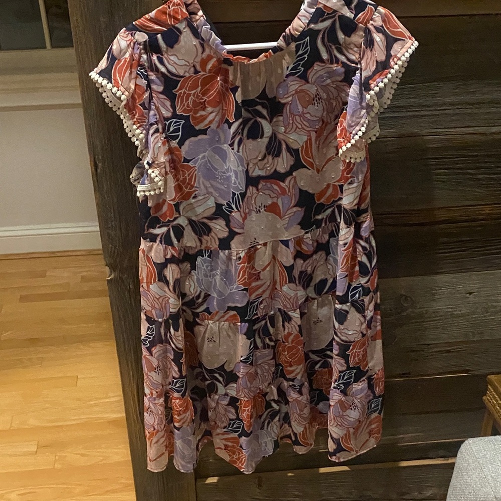 Floral Lightweight THML Mini-Dress with Pom-Pom Trim